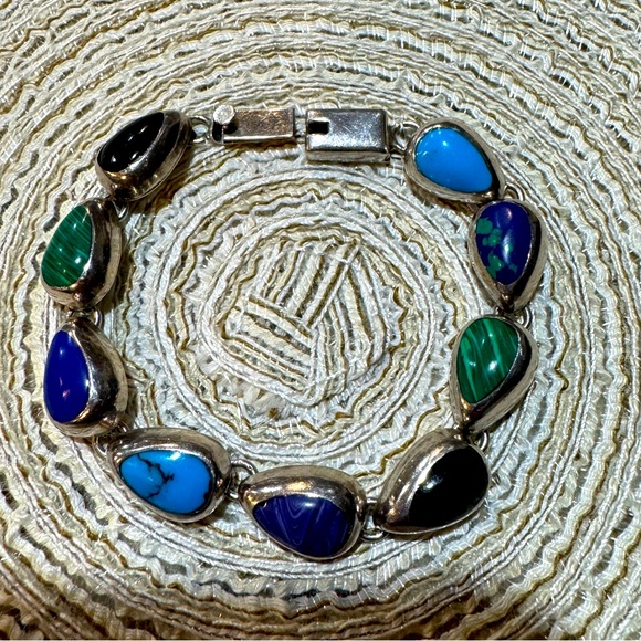 Vintage Sterling Silver Multi Color Stone Bracelet 9.25 - Picture 2 of 5